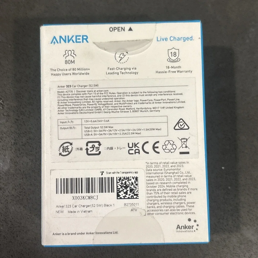 Anker 323 USB-C Car Charger Adapter, 52.5W Cigarette Lighter Charger with 30W Po